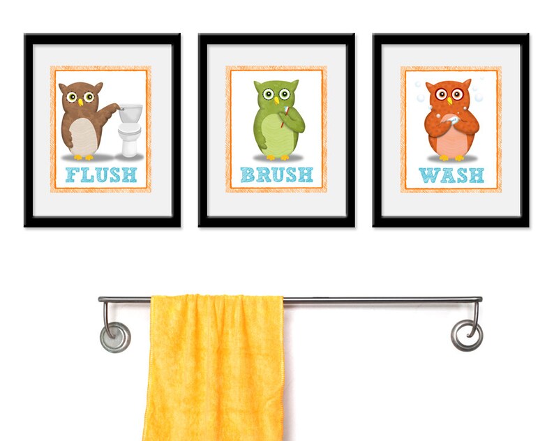 Bathroom Owls Theme Kids Art Set of Three 5 X 7 Bathroom Etsy