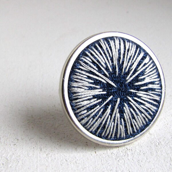 Hyperspace Gradient Brooch Pin - Hand embroidered art - Navy Blue Ecru