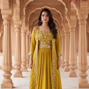 Chinnon Silk Lehenga Set with Embroidered Blouse & Shrug