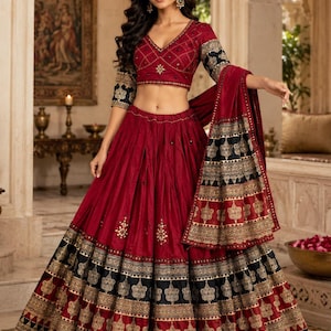 Ajrakh Cotton Chaniya Choli Set med Spegelarbete Dupatta
