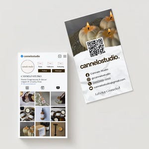 May include: An Instagram profile and business card for cannelostudio. The Instagram profile features a logo, social media links, and product photos. The business card displays the company name, contact information, and a QR code.
