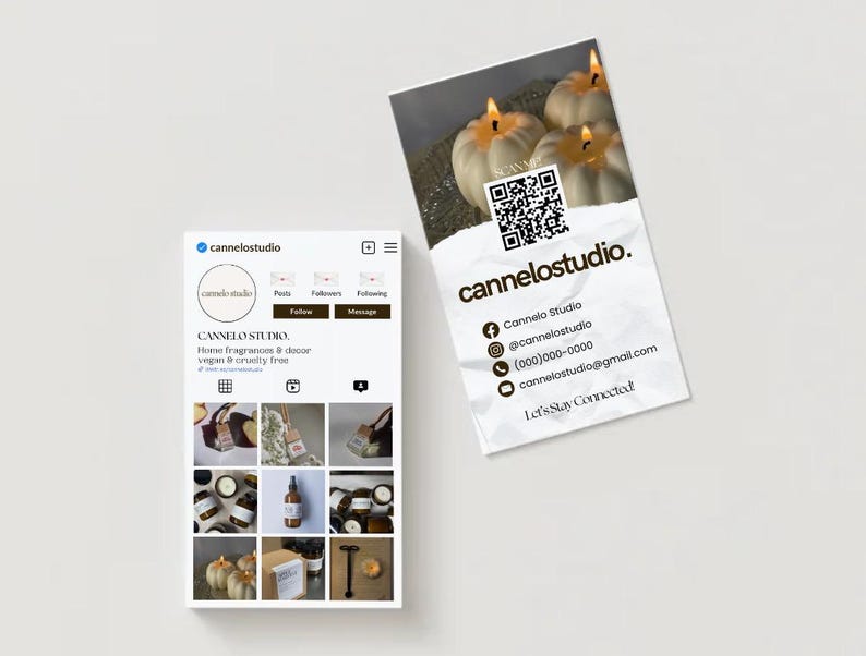 May include: An Instagram profile and business card for cannelostudio. The Instagram profile features a logo, social media links, and product photos. The business card displays the company name, contact information, and a QR code.