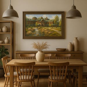 Puede incluir: Un comedor con una mesa y sillas de madera, un aparador y una pintura de paisaje enmarcada. La pintura representa un edificio con tejado verde y un arroyo. Un jarrón con plantas secas está sobre la mesa.