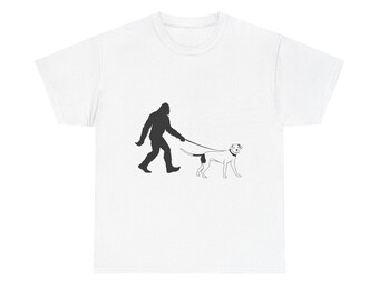 Bigfoot Walking Dog Unisex Heavy Cotton Tee, Pet Lover Shirt, Casual Wear, Gift for Dog Owners, Sasquatch Lovers