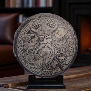 Op de afbeelding: Een cirkelvormig, grijs stenen beeldhouwwerk van een Viking-krijger met een gehoornde helm, ooglapje en lange baard. Het kunstwerk is gemonteerd op een zwarte standaard, met ingewikkelde details en een verweerde uitstraling. De achtergrond omvat een open haard en een houten tafel.