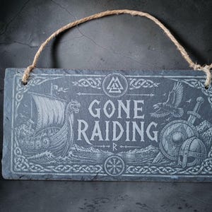 Funny Viking Longship Norse Decor, Rustic Handmade Plaque, Laser Engraved Slate Sign