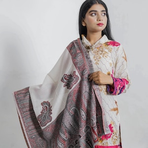 White Wool Pakistani Scarf For Women – Paisley Designer Wool Embroidered Wrap - Dupatta For Women