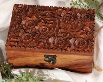 Handmade Wooden Jewelry Box, Hand Carved Wooden Jewelry Organizer Trinket Box, Wooden Engraving Floral Box, Art Lovers Gift