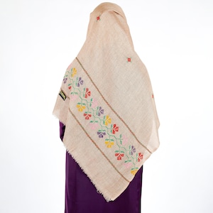 Beige Wool Wrap with Cross Stitch Embroidery - Lightweight Handmade Floral Stole = Artisan Tribal Fashion Gift - Handmade Woolen Shawls