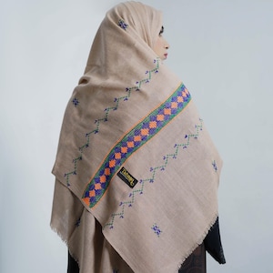 Handmade Beige Wool Scarf with Multicolor Embroidery – Winter Wrap for Women - Designer Wool Scarf - Large Wool Scarf