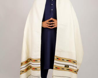 Tribal Pattern Shawl for Men - Handmade Wool Winter Shawl - White Blanket Wrap - Pakistani Traditional Chadder - Meditation Prayer Scarf