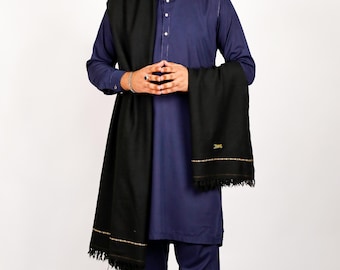 Pure Pakistani Mens Black Wool Shawl - Wool Gents Shawl for Winter Wedding - Handmade Wool Shawl Gift for Him - Soft Warm Shawl