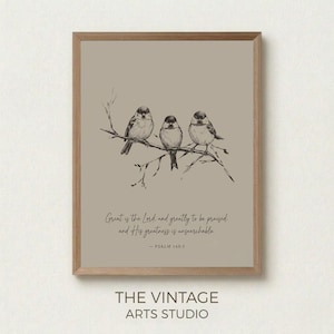 Impresión minimalista vintage de pájaros, versículo bíblico del Salmo 145:3, arte mural imprimible, decoración cristiana antigua (descarga digital)