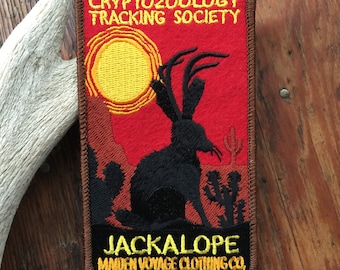 Jackalope Patch - Cryptozoology Tracking Society Animal Badge Rabbit Jackrabbit Desert Sun Cacti Sunset Cute Arizona