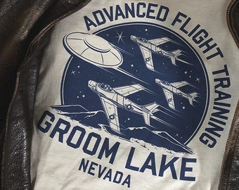 Groom Lake - Advanced Flight Training Unisex Tee - UFO Tshirt Fighter Plane Top Military Area 51 Desert Roadtrip Historical