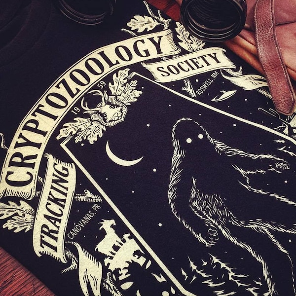 Cryptozoology Tracking Society Tee Black/Moon (Unisex/Mens) Glow in the Dark Sasquatch Bigfoot T-shirt National Parks Treasure