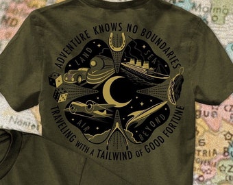 Lucky Travel Unisex Tee Traveling Sailing Flying Good Luck TShirt Horseshoe Wishbone Dice Celestial Crescent Moon Train Rocket