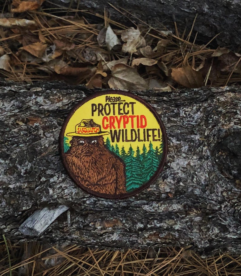 Cryptid PSA Patch Cryptozoology Tracking Society Bigfoot Sasquatch Badge NPS Smokey the Bear Woodland Hiking Camping Fish Hunt image 6