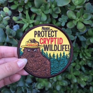 Cryptid PSA Patch Cryptozoology Tracking Society Bigfoot Sasquatch Badge NPS Smokey the Bear Woodland Hiking Camping Fish Hunt image 9