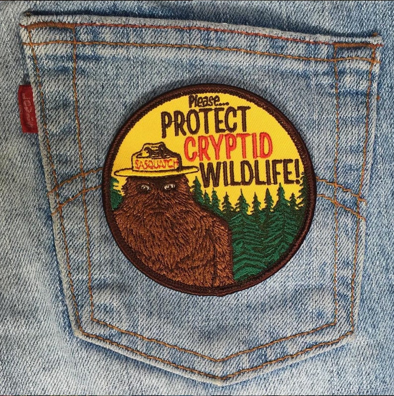 Cryptid PSA Patch Cryptozoology Tracking Society Bigfoot Sasquatch Badge NPS Smokey the Bear Woodland Hiking Camping Fish Hunt image 5