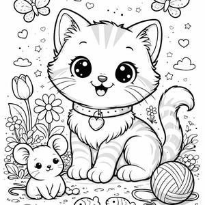 May include: Black and white illustration of a cute cartoon kitten with big eyes, wearing a heart-shaped collar, sitting next to a mouse, flowers, butterflies, and a ball of yarn. Fish-shaped objects are also present.