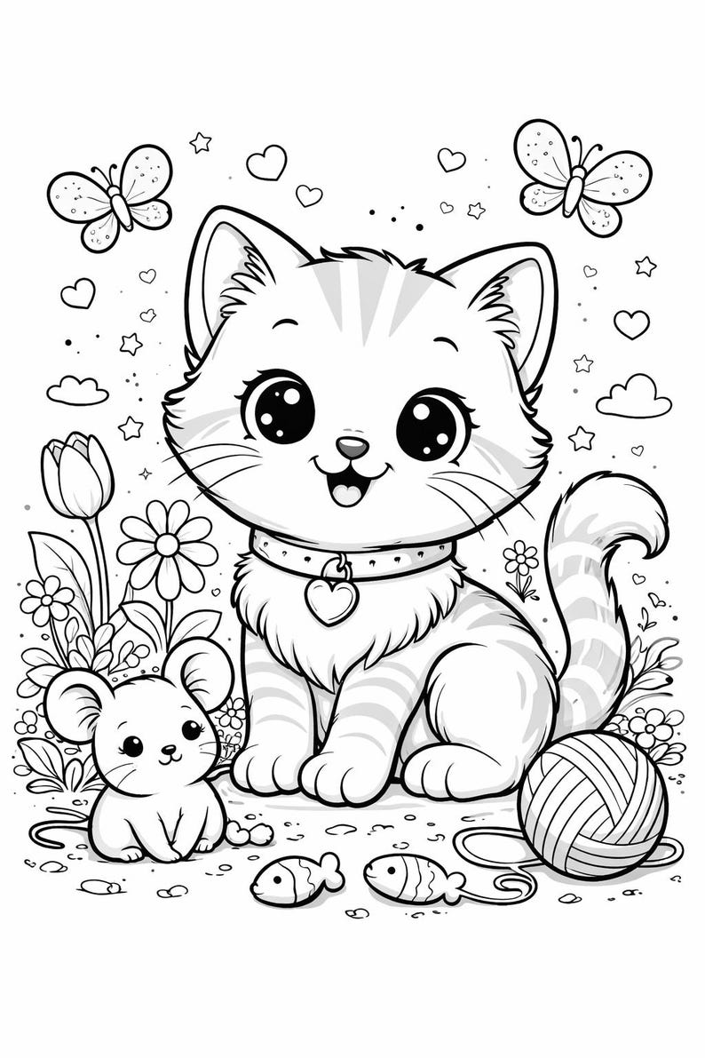 May include: Black and white illustration of a cute cartoon kitten with big eyes, wearing a heart-shaped collar, sitting next to a mouse, flowers, butterflies, and a ball of yarn. Fish-shaped objects are also present.