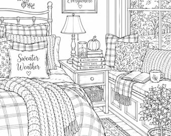 Cozy Autumn Room Coloring Pages, 30+ Detailed Fall Aesthetic Printable Coloring Book, Quote Adult Coloring Sheets, Instant Download
