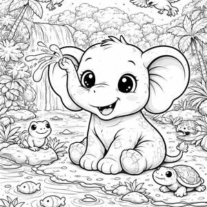 May include: Black and white illustration of a cartoon elephant spraying water from its trunk. The elephant is surrounded by a frog, turtles, fish, and birds in a jungle setting with a waterfall and palm trees. A coloring book page.