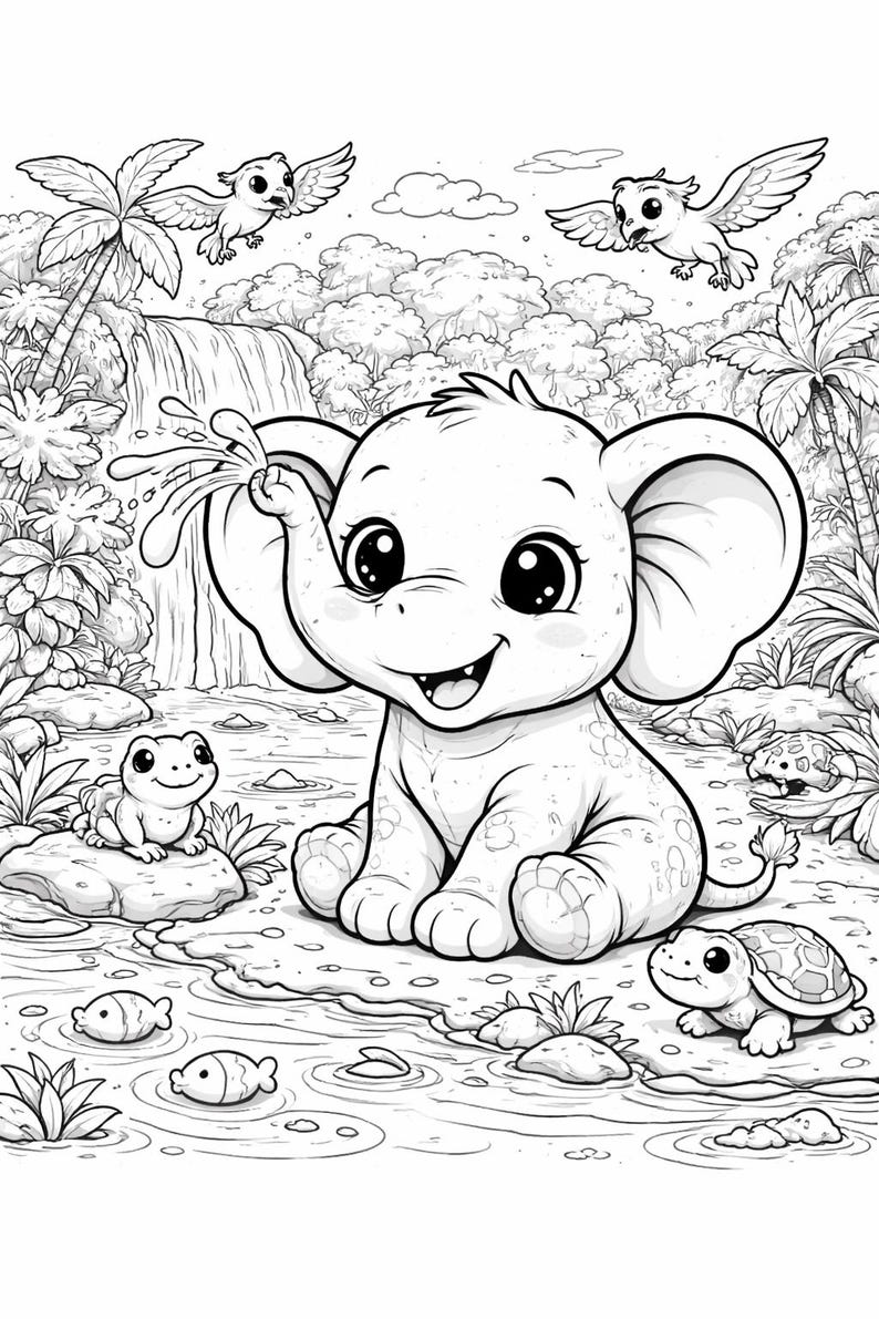 May include: Black and white illustration of a cartoon elephant spraying water from its trunk. The elephant is surrounded by a frog, turtles, fish, and birds in a jungle setting with a waterfall and palm trees. A coloring book page.