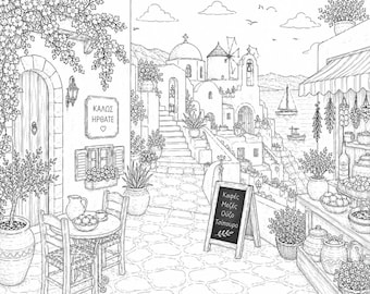 20+ Cozy Summer Greek Village Coloring Pages, Santorini Printable, Mediterranean Adult Coloring Page, Greece Travel Coloring Sheet PDF