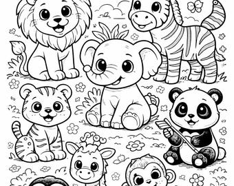 Zoo Animals Coloring Pages for Kids, Cute Animal Coloring Book, Preschool Printable Activity, Toddler Coloring Sheets, Instant PDF Download