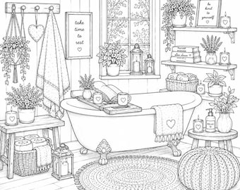 20+ Cozy Home Coloring Page Bundle Style | Hygge Bathroom Retreat | Adult Coloring Book Page Printable PDF