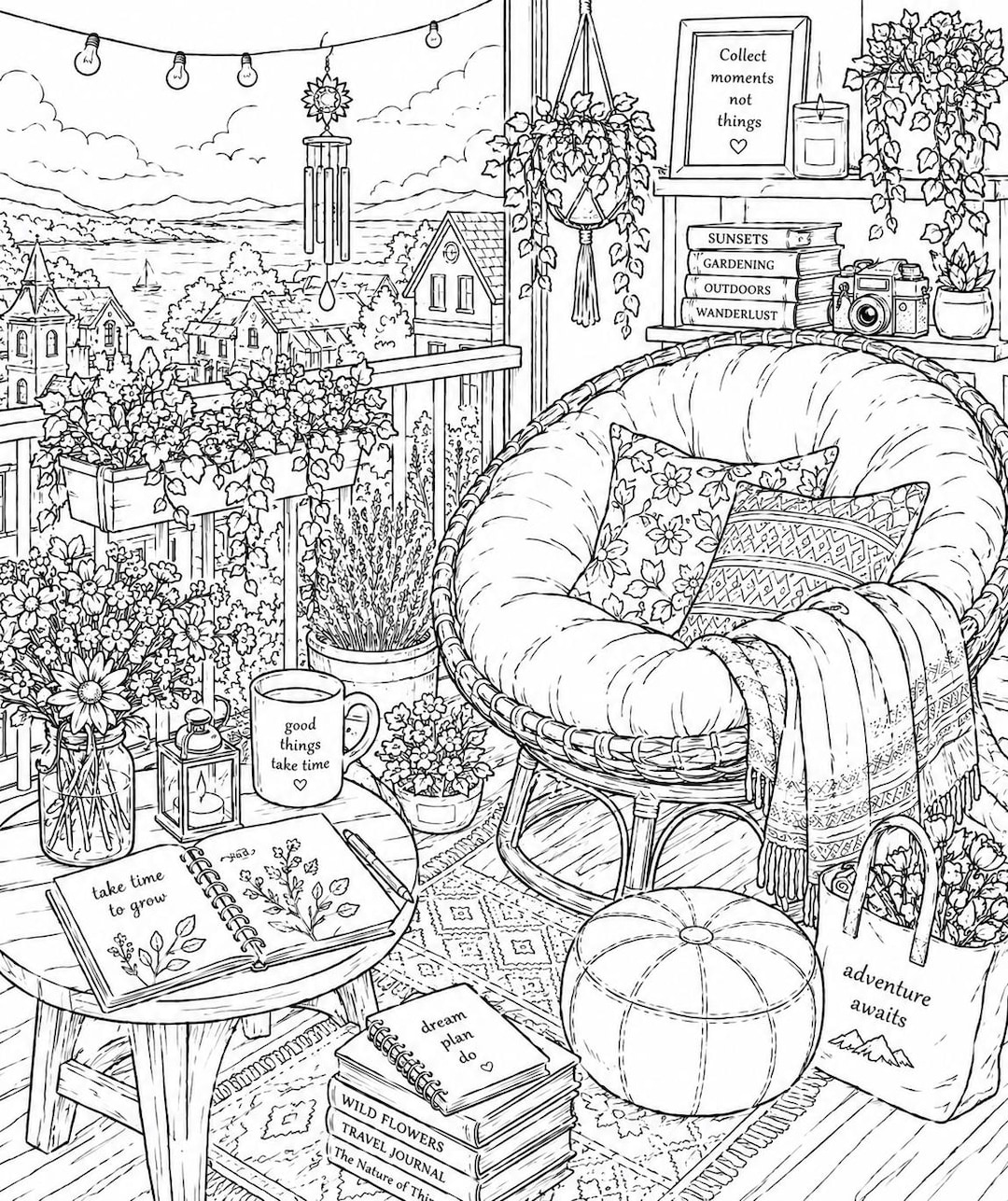 Printable Home Decor Coloring Page | Cozy Wall Art Line Drawing | Adult ...