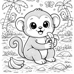 May include: A black and white illustration of a cartoon monkey holding a banana. The monkey is sitting on the ground with a happy expression. Palm trees, birds, and a butterfly are in the background.