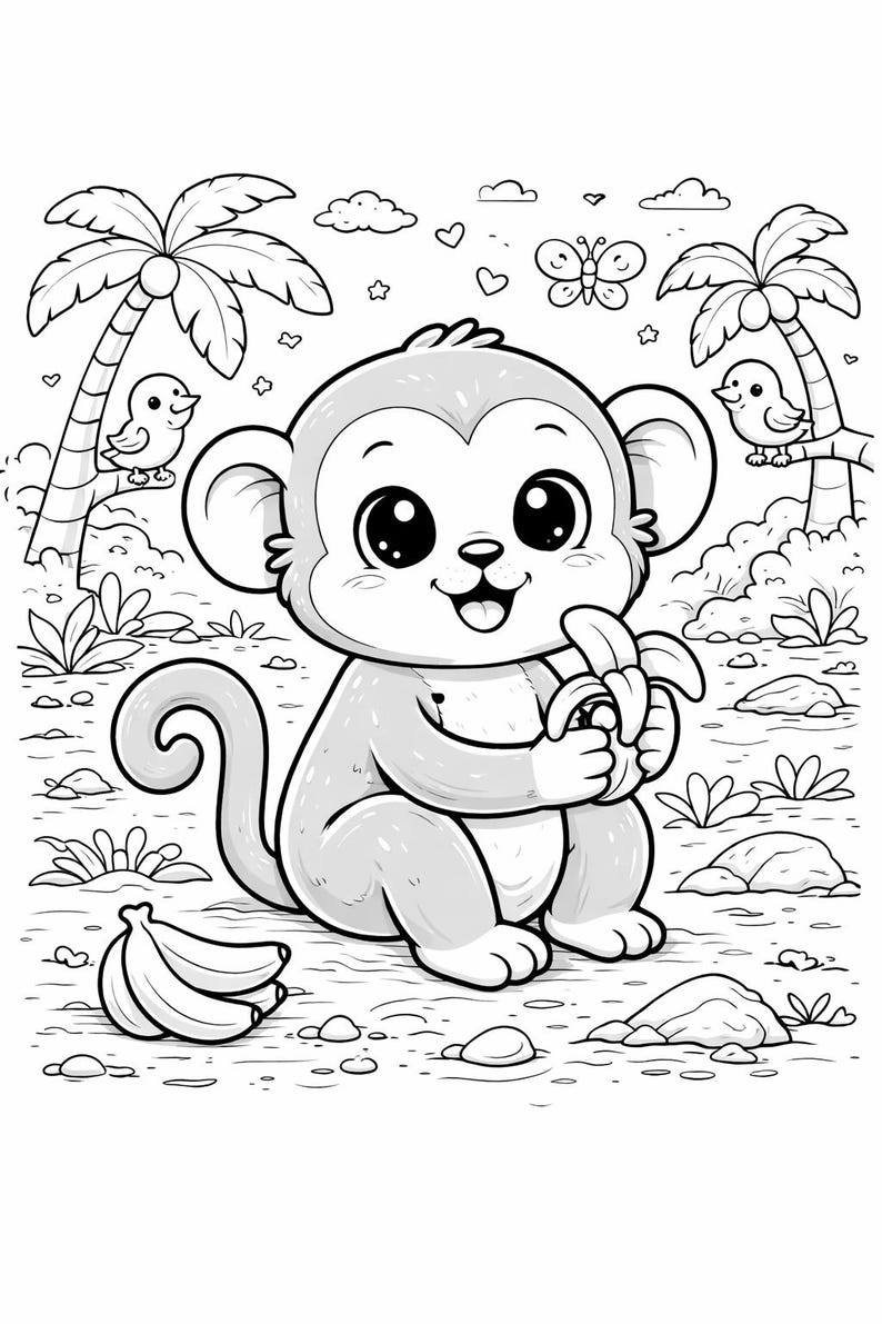 May include: A black and white illustration of a cartoon monkey holding a banana. The monkey is sitting on the ground with a happy expression. Palm trees, birds, and a butterfly are in the background.