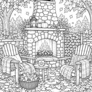 May include: A black and white line art illustration of an outdoor stone fireplace with a fire burning inside. Two wooden chairs with blankets, a small table with a mug, a basket of leaves, and a stack of firewood are arranged on a patio.