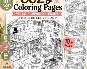 Cozy Tiny Room Coloring Pages, Printable Adult Coloring Book, Miniature House PDF (Instant Download)