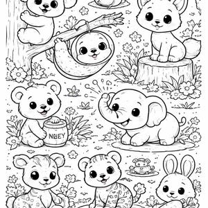 May include: Black and white illustration of various cute animals in a forest setting. Includes a koala, sloth, fox, bear, elephant, tiger, rabbit, and other creatures. The bear holds a honey pot with the word "HONEY" on it.