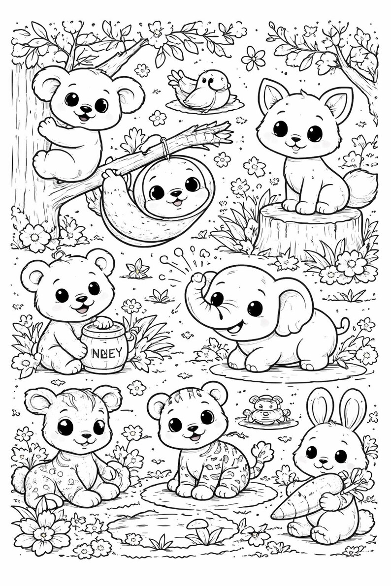 May include: Black and white illustration of various cute animals in a forest setting. Includes a koala, sloth, fox, bear, elephant, tiger, rabbit, and other creatures. The bear holds a honey pot with the word "HONEY" on it.