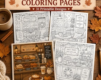 Cozy Autumn Café Coloring Pages | 30+ Printable Bakery & Coffee Shop Designs | Fall Adult Coloring Book | Digital Download PDF
