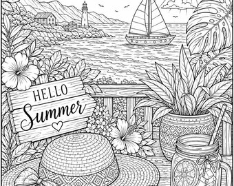 Cozy Summer Coloring Pages, 10 Adult Coloring Book Printable Sheets, Beach and Garden Aesthetic, Instant Download PDF