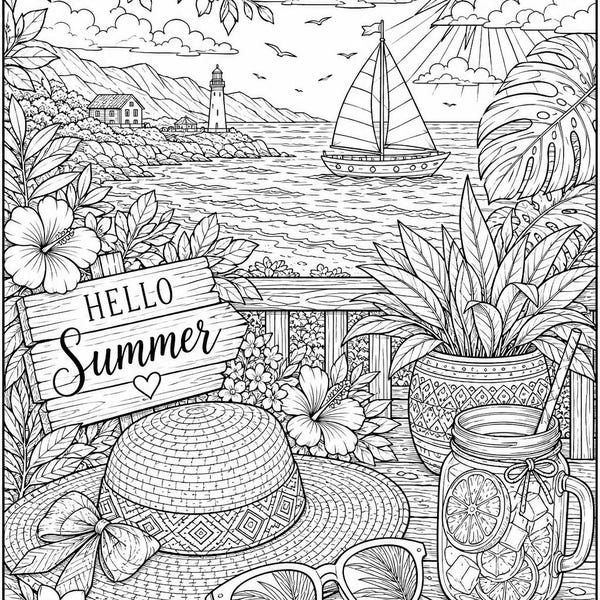 Cozy Summer Coloring Pages, 10 Adult Coloring Book Printable Sheets, Beach and Garden Aesthetic, Instant Download PDF
