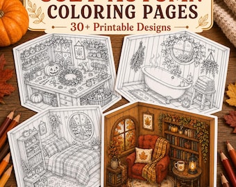 Cozy Autumn Tiny Room Coloring Pages | 30+ Printable Diorama Designs | Isometric Room Coloring Book | Digital Download PDF | Cottagecore Art