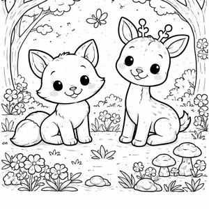 May include: Black and white illustration of a fox and a deer sitting in a forest scene. The fox has a fluffy tail and the deer has antlers. The scene includes trees, flowers, a butterfly, and mushrooms. This image is suitable for coloring.