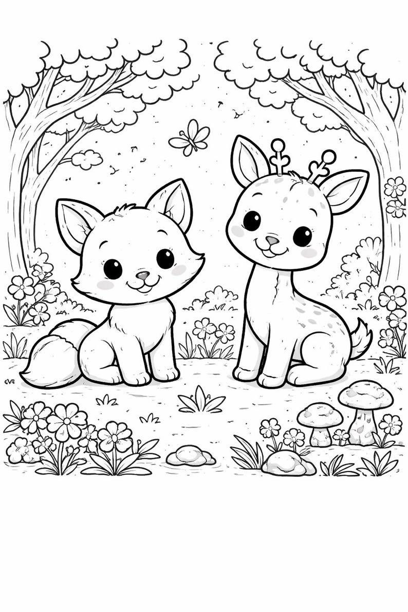 May include: Black and white illustration of a fox and a deer sitting in a forest scene. The fox has a fluffy tail and the deer has antlers. The scene includes trees, flowers, a butterfly, and mushrooms. This image is suitable for coloring.