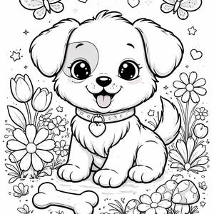 May include: Black and white illustration of a cute puppy with large eyes, a heart-shaped collar tag, and a smiling expression. The puppy is surrounded by flowers, butterflies, hearts, and a bone. A charming design for coloring books or children's decor.