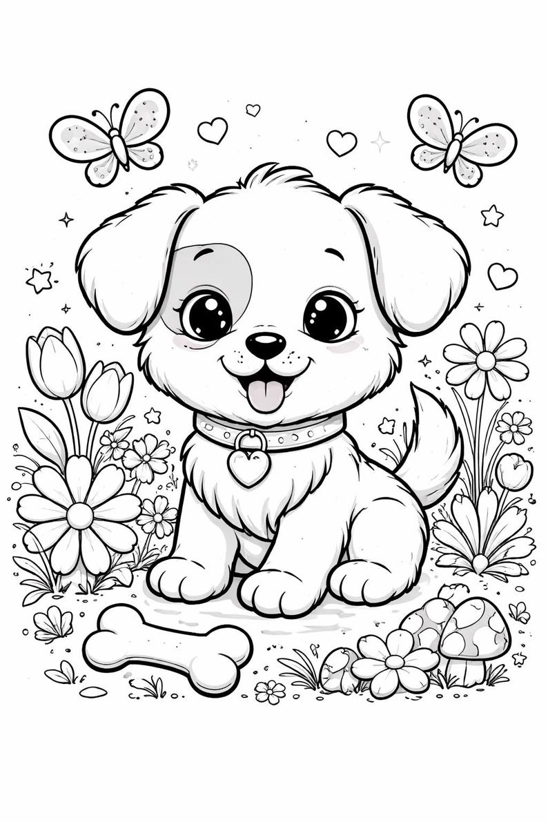 May include: Black and white illustration of a cute puppy with large eyes, a heart-shaped collar tag, and a smiling expression. The puppy is surrounded by flowers, butterflies, hearts, and a bone. A charming design for coloring books or children's decor.