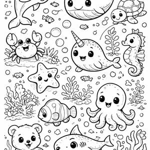 May include: Black and white line art illustration of various sea creatures, including a dolphin, whale, turtle, crab, narwhal, seahorse, starfish, fish, octopus, shark, and a bear holding a honey pot. Bubbles and seaweed are also included.