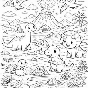 May include: Black and white illustration of a prehistoric landscape with cartoon dinosaurs. The scene includes a volcano, mountains, clouds, and various types of dinosaurs, including a Brontosaurus, Triceratops, and Pterodactyls.