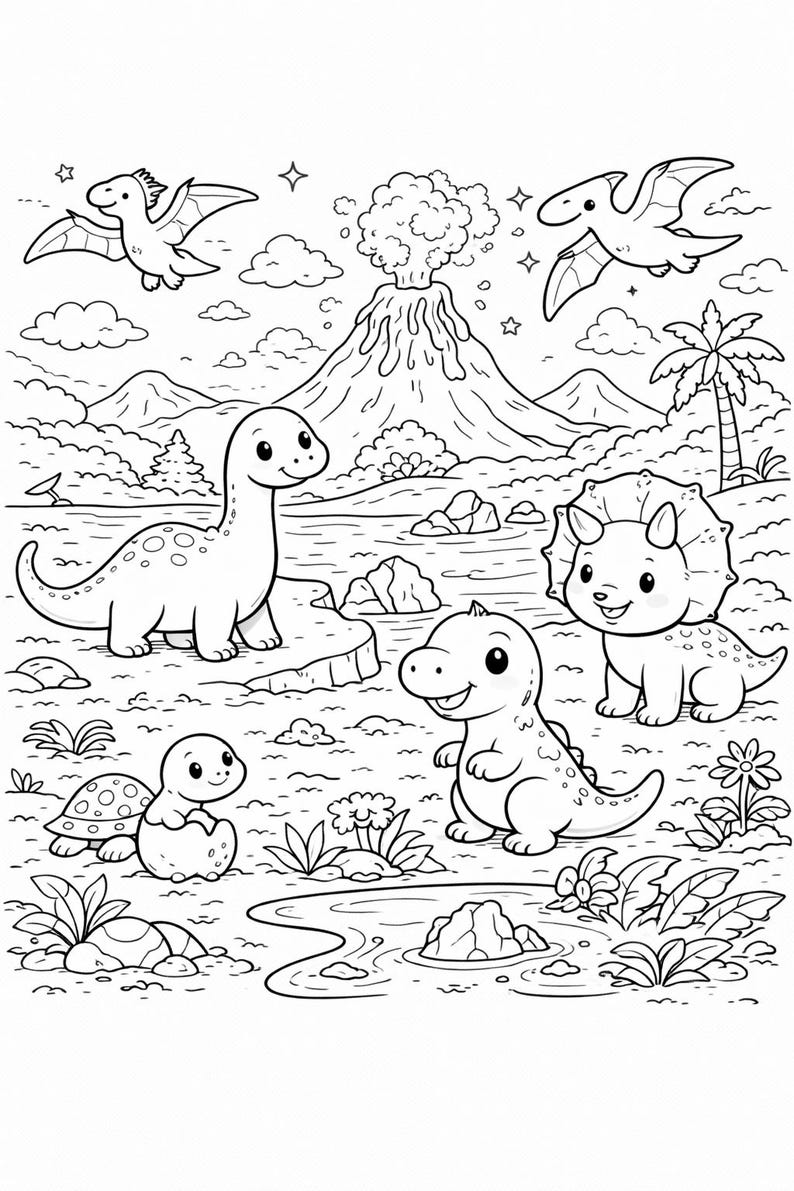 May include: Black and white illustration of a prehistoric landscape with cartoon dinosaurs. The scene includes a volcano, mountains, clouds, and various types of dinosaurs, including a Brontosaurus, Triceratops, and Pterodactyls.